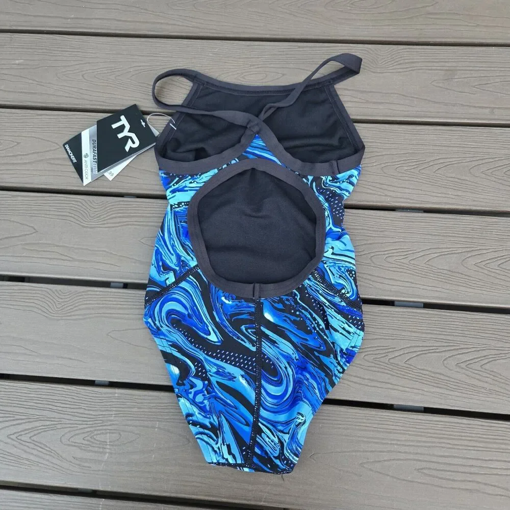 TYR DuraFast Elite Oil Slick Diamondfit 1 Pc Swim Blue Youth Girl Sz 22 New